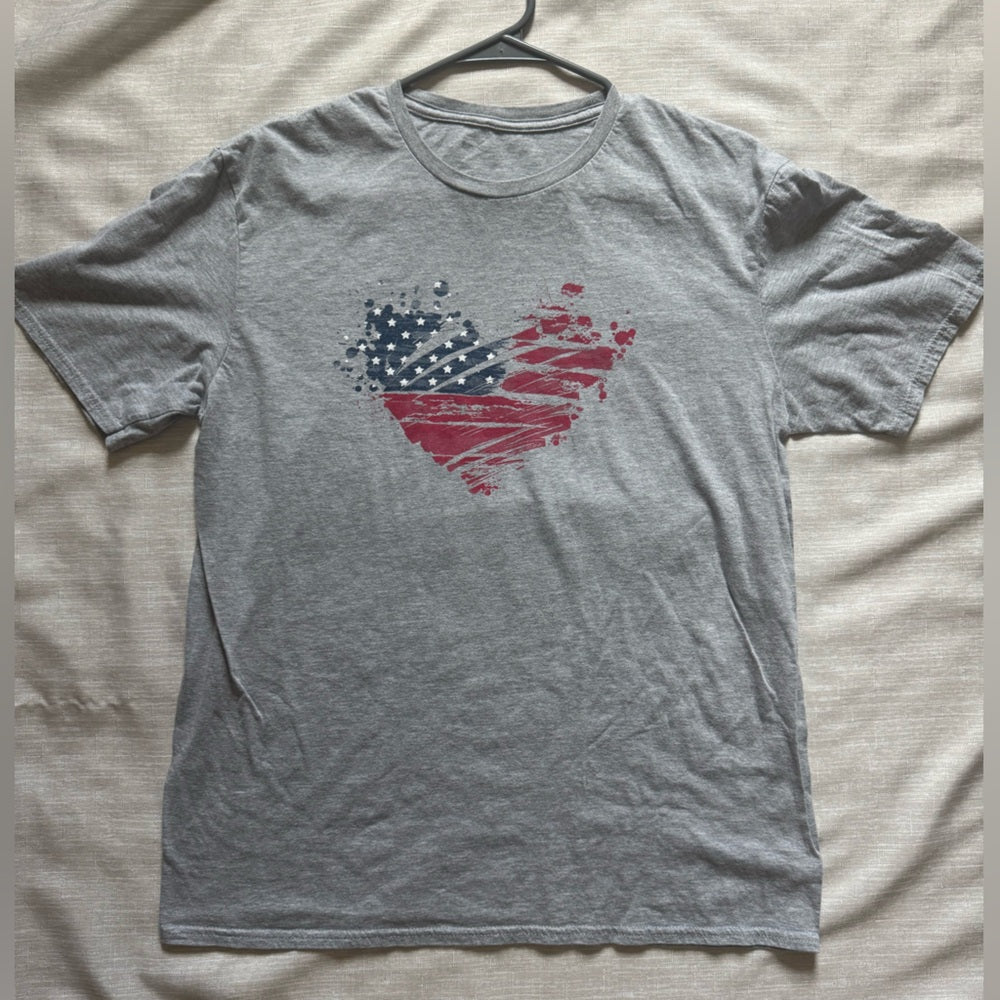 Clean Gray T-Shirt with Red and Blue AmericaFlag and Heart Graphic