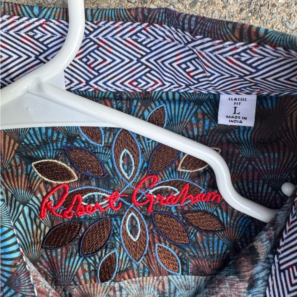 Clean Worn Once Robert Graham Blue and Brown Patterned Button Down Shirt Size L