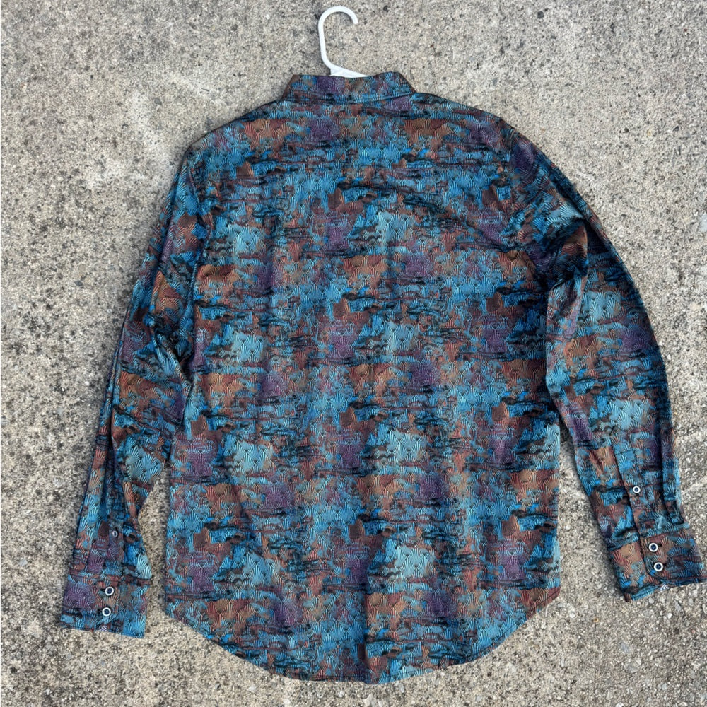 Clean Worn Once Robert Graham Blue and Brown Patterned Button Down Shirt Size L