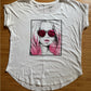 Clean and Unique New York & Company White Top with Pink Fashionista Graphic
