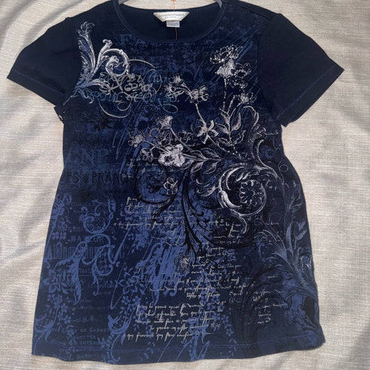 Beautiful Clean Unique Christopher & Banks Navy Petite Floral Graphic Top