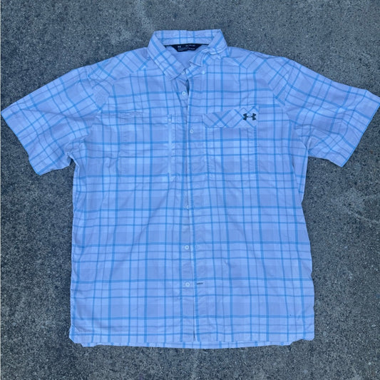 Clean Under Armour Men's HeatGear Light Blue Plaid Button Down Shirt Size XXL