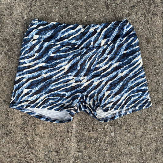 Stylish Designer Logan Blue and White Zebra Print Women’s Workout Shorts Size S