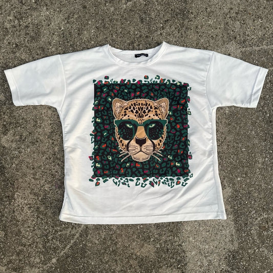 Clean NWOT Women’s Flame White T-Shirt with Stylish Leopard Graphic