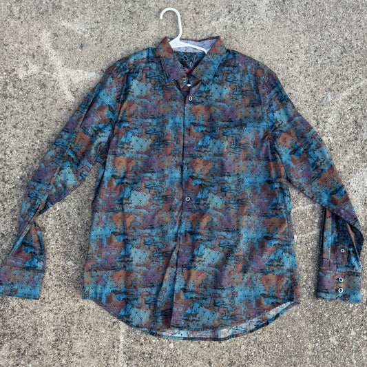 Clean Worn Once Robert Graham Blue and Brown Patterned Button Down Shirt Size L
