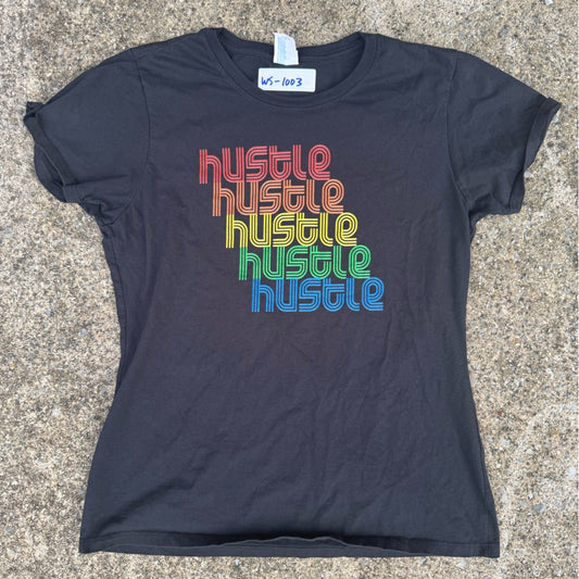 Clean Port and Company Women’s Black Tee with Multicolor Hustle Design Size L