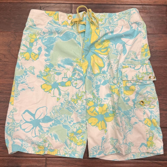 Clean Oakley Men's Swim Trunks - Aqua and Lemon Floral & Bottle Opener - Size 34