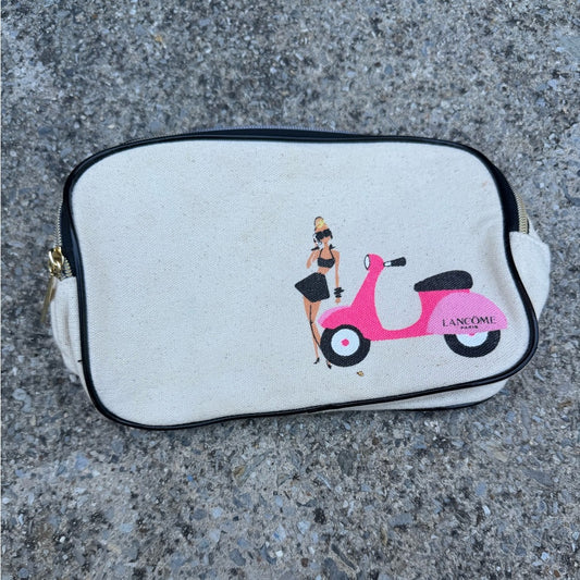 Vintage Double Pocket Lancôme Canvas Cosmetic Pouch with Pink Scooter Design